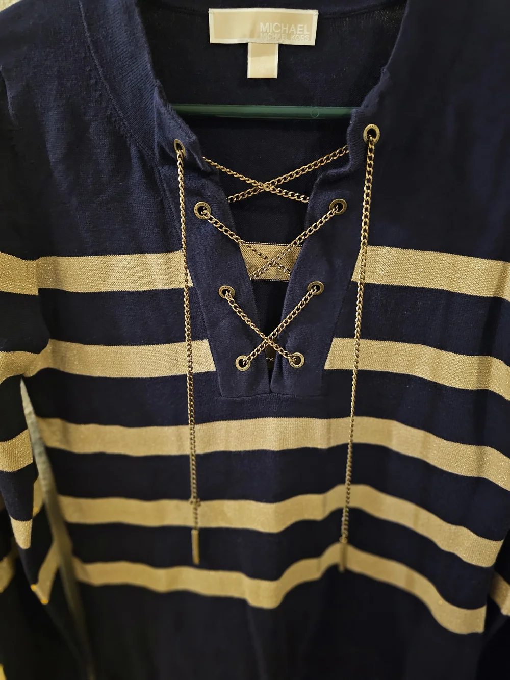LMichael Kors Chain Lace-Up Metallic Striped Sweater - Size [Talla..S]